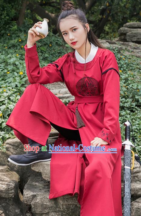 Traditional Chinese Tang Dynasty Young Swordswoman Red Robe Ancient Female Knight Costume for Women