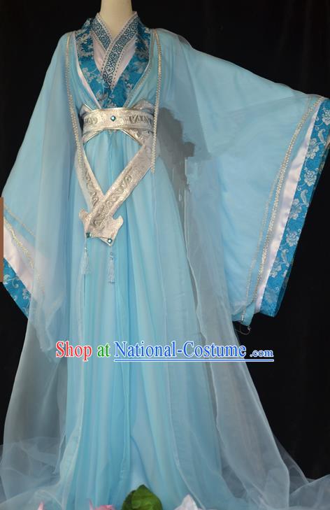 Traditional Chinese Cosplay Swordswoman Blue Hanfu Dress Ancient Peri Princess Costume for Women