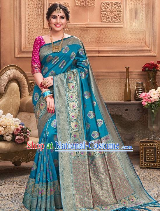 Indian Traditional Costume Asian India Blue Sari Dress Bollywood Court Queen Clothing for Women