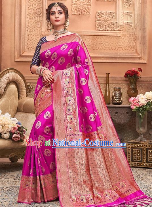 Indian Traditional Costume Asian India Fushcia Sari Dress Bollywood Court Queen Clothing for Women