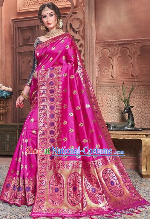 Indian Traditional Costume Asian India Embroidered Rosy Sari Dress Bollywood Court Queen Clothing for Women