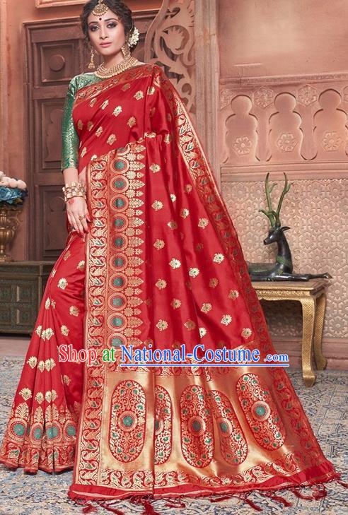 Indian Traditional Costume Asian India Embroidered Red Sari Dress Bollywood Court Queen Clothing for Women