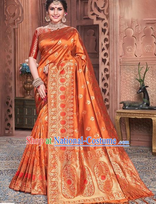 Indian Traditional Costume Asian India Embroidered Orange Sari Dress Bollywood Court Queen Clothing for Women