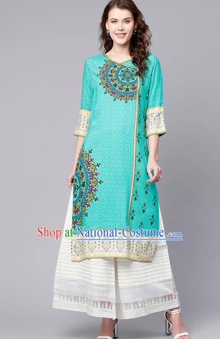 Asian India Traditional Informal Costumes South Asia Indian National Green Blouse and Dress for Women