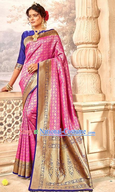 Indian Traditional Costume Asian India Rosy Brocade Sari Dress Bollywood Court Queen Clothing for Women