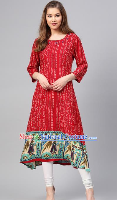 Asian India Traditional Informal Costumes South Asia Indian National Red Blouse and Pants for Women