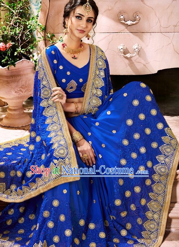 Indian Traditional Court Costume Asian India Royalblue Sari Dress Bollywood Queen Clothing for Women