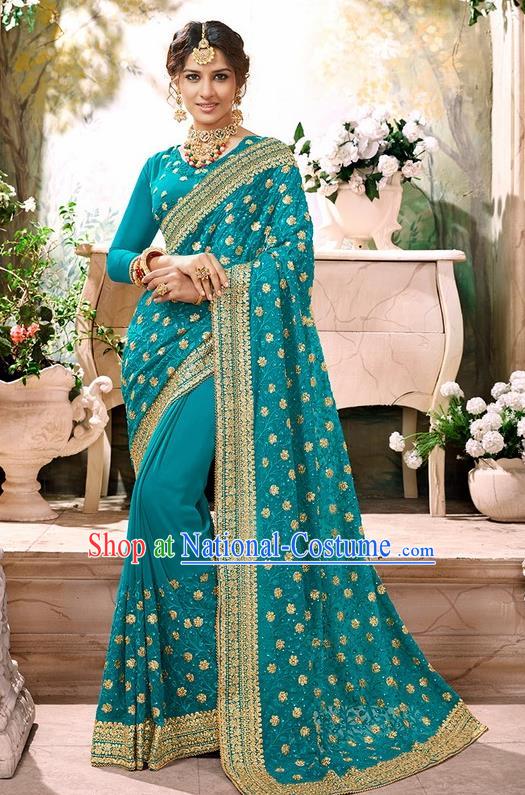 Indian Traditional Court Costume Asian India Green Sari Dress Bollywood Queen Clothing for Women