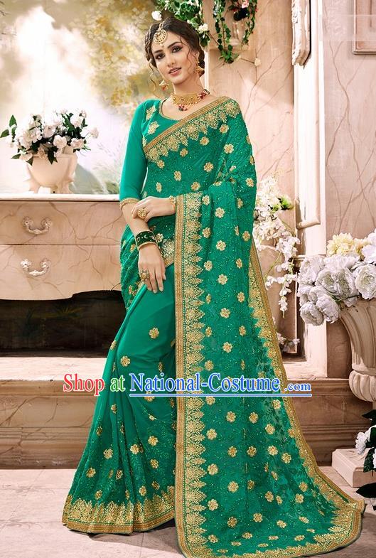 Indian Traditional Court Costume Asian India Deep Green Sari Dress Bollywood Queen Clothing for Women