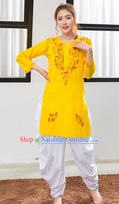 Asian India Traditional Informal Costumes South Asia Indian National Embroidered Yellow Blouse and Pants for Women