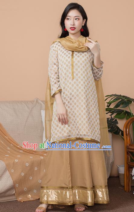 Asian India Traditional Informal Punjabi Costumes South Asia Indian National Khaki Blouse and Dress for Women