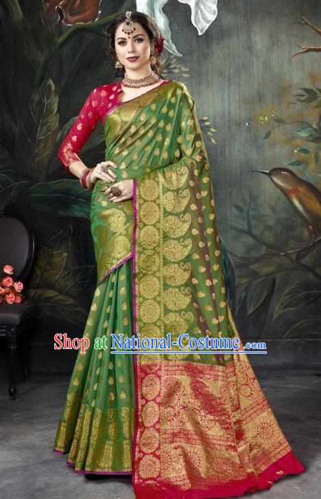 Asian India Green Sari Dress Indian Traditional Court Costume Bollywood Queen Clothing for Women