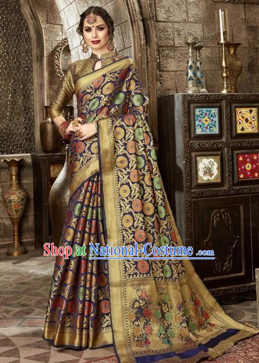 Asian India Traditional Navy Sari Dress Indian Court Costume Bollywood Queen Clothing for Women