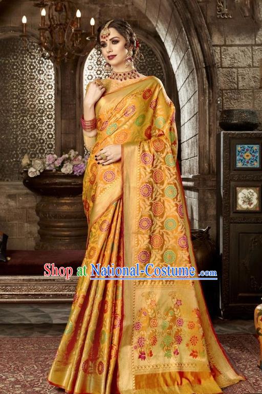 Asian India Traditional Golden Sari Dress Indian Court Costume Bollywood Queen Clothing for Women