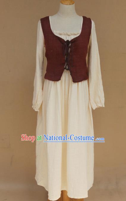 Europe Medieval Traditional Farmwife Costume European Maidservant White Dress for Women