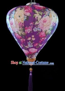 Chinese Traditional Lantern Handmade Printing Peony Deep Purple Lanterns Ceiling Lamp New Year Lantern