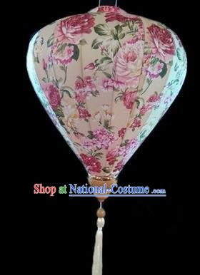 Chinese Traditional Lantern Handmade Printing Peony Beige Lanterns Ceiling Lamp New Year Lantern