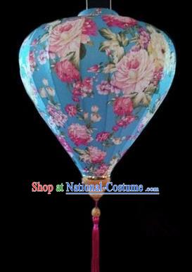 Chinese Traditional Lantern Handmade Printing Peony Light Blue Lanterns Ceiling Lamp New Year Lantern