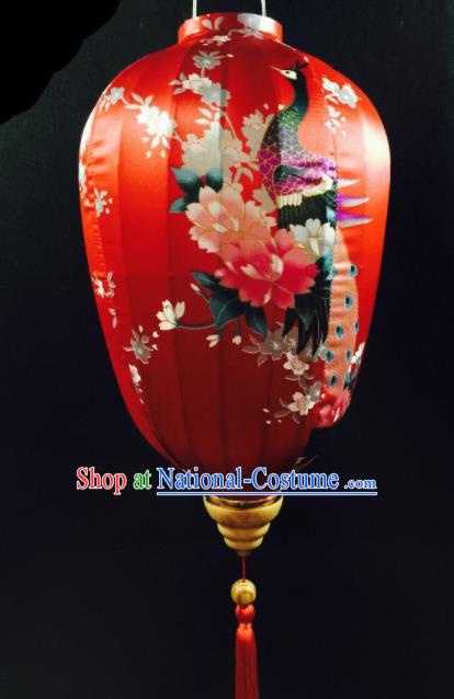 Chinese Traditional Lantern Handmade Printing Peacock Red Lanterns Ceiling Lamp New Year Lantern