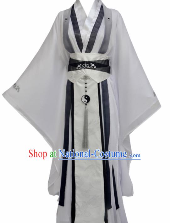 Traditional Chinese Tang Dynasty Swordsman White Clothing Ancient Taoist Priest Costume for Men