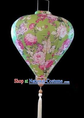 Chinese Traditional Lantern Handmade Printing Peony Green Lanterns Ceiling Lamp New Year Lantern