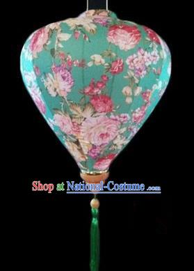 Chinese Traditional Lantern Handmade Printing Peony Light Green Lanterns Ceiling Lamp New Year Lantern