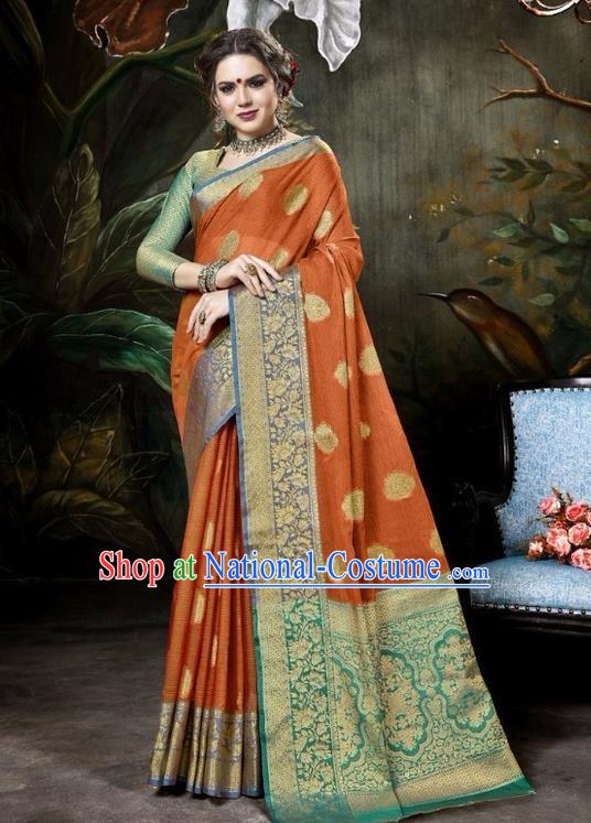 Asian India Traditional Bollywood Orange Sari Dress Indian Court Queen Costume for Women