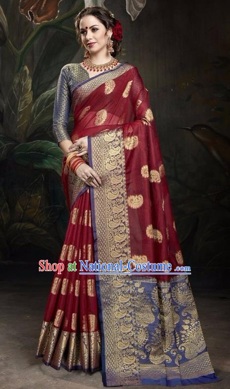 Asian India Traditional Bollywood Purplish Red Sari Dress Indian Court Queen Costume for Women