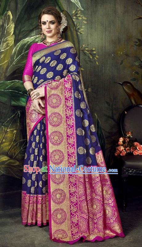 Asian India Traditional Bollywood Deep Blue Sari Dress Indian Court Queen Costume for Women