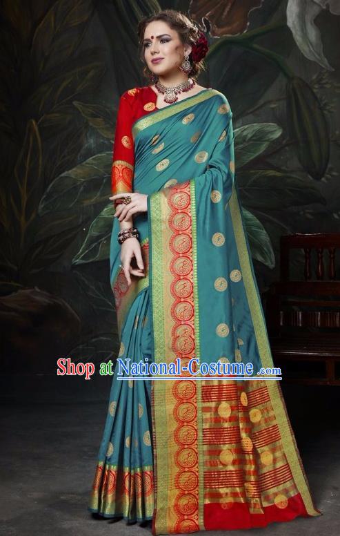 Asian India Traditional Bollywood Peacock Blue Sari Dress Indian Court Queen Costume for Women