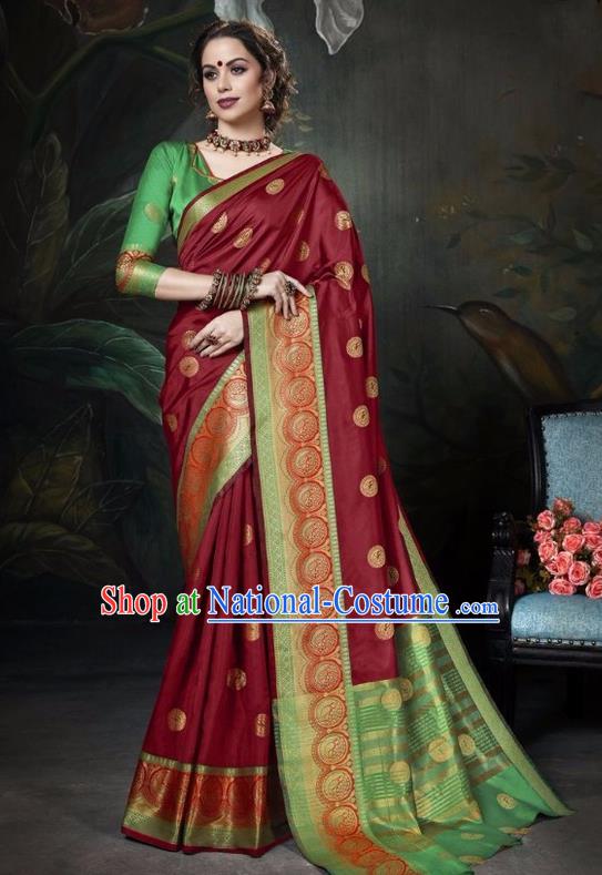 Asian India Traditional Bollywood Wine Red Sari Dress Indian Court Queen Costume for Women