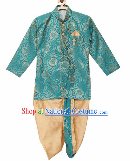 Asian India Traditional Costumes South Asia Indian National Green Shirt and Golden Pants for Kids