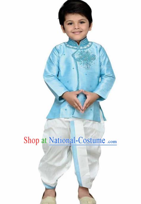 Asian India Traditional Costumes South Asia Indian National Blue Shirt and White Pants for Kids