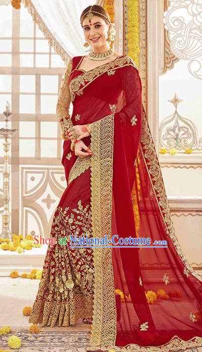 Asian India Traditional Bollywood Bride Wine Red Sari Dress Indian Court Queen Wedding Costume for Women