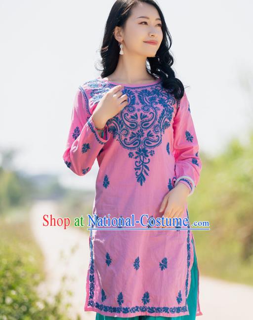 South Asian India Traditional Punjabi Costumes Asia Indian National Pink Blouse and Pants for Women