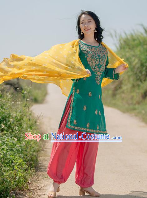 South Asian India Traditional Punjabi Costumes Asia Indian National Green Blouse and Pants for Women