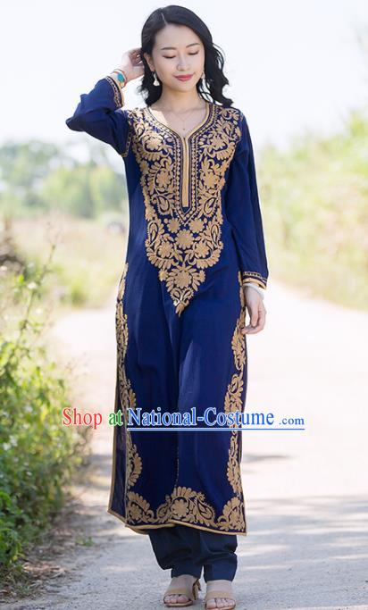 South Asian India Traditional Punjabi Costumes Asia Indian National Royalblue Blouse and Pants for Women