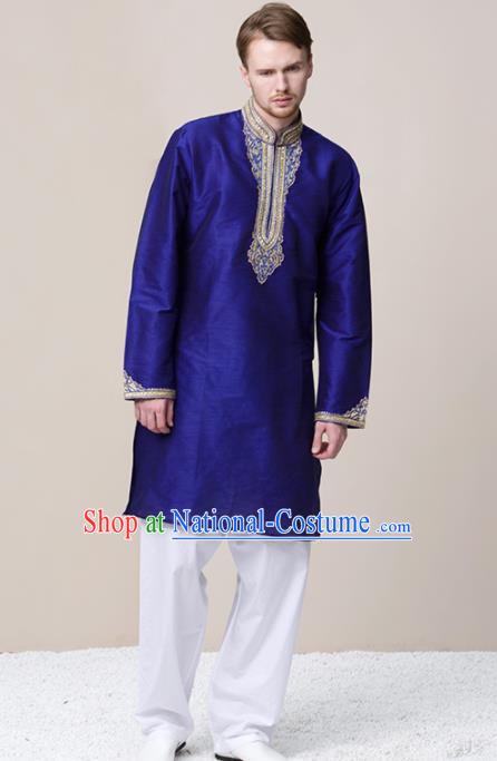 Asian India Traditional Wedding Costume South Asia Indian National Bridegroom Blue Shirt and Pants for Men