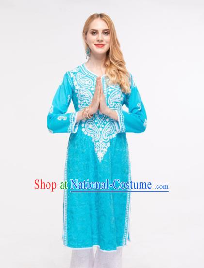 South Asian India Traditional Punjabi Costumes Asia Indian National Yoga Blue Blouse and Pants for Women