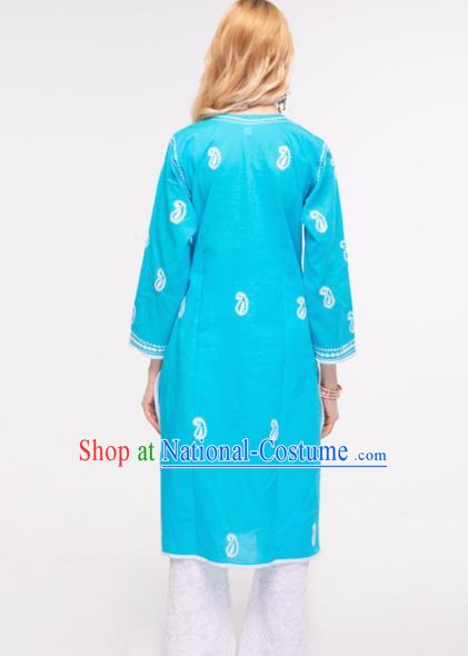 South Asian India Traditional Punjabi Costumes Asia Indian National Yoga Blue Blouse and Pants for Women