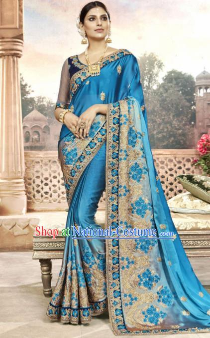 India Traditional Bollywood Blue Sari Dress Asian Indian Court Wedding Bride Costume for Women