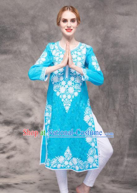 South Asian India Traditional Yoga Costumes Asia Indian National Punjabi Blue Blouse and Pants for Women