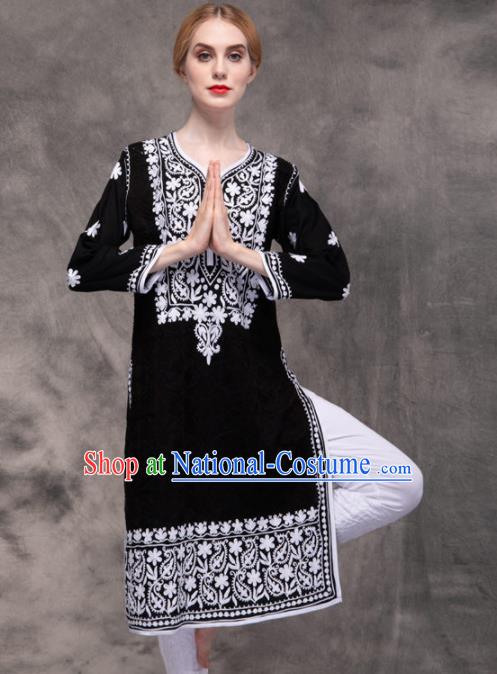 South Asian India Traditional Yoga Costumes Asia Indian National Punjabi Black Blouse and Pants for Women