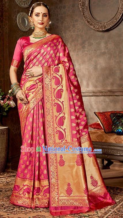 India Traditional Bollywood Pink Sari Dress Asian Indian Court Wedding Bride Costume for Women