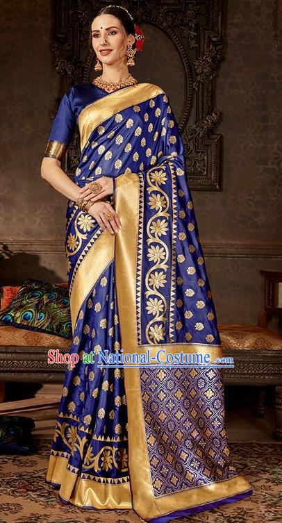 India Traditional Bollywood Royalblue Sari Dress Asian Indian Court Wedding Bride Costume for Women