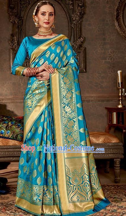 India Traditional Bollywood Light Blue Sari Dress Asian Indian Court Wedding Bride Costume for Women