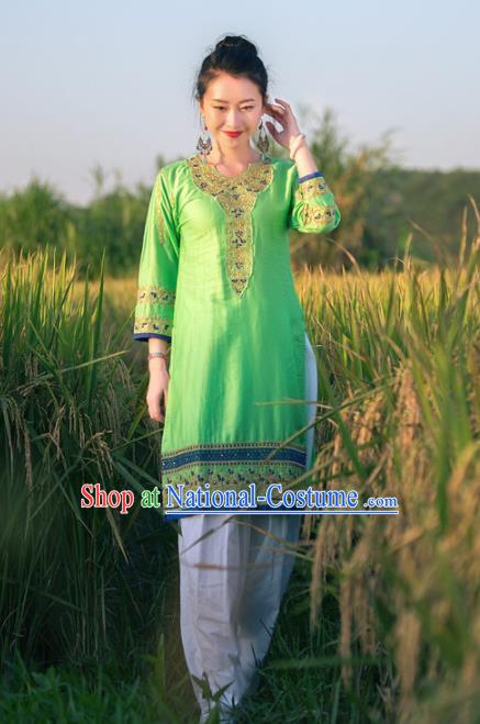 South Asian India Traditional Punjabi Costumes Asia Indian National Green Blouse and Pants for Women