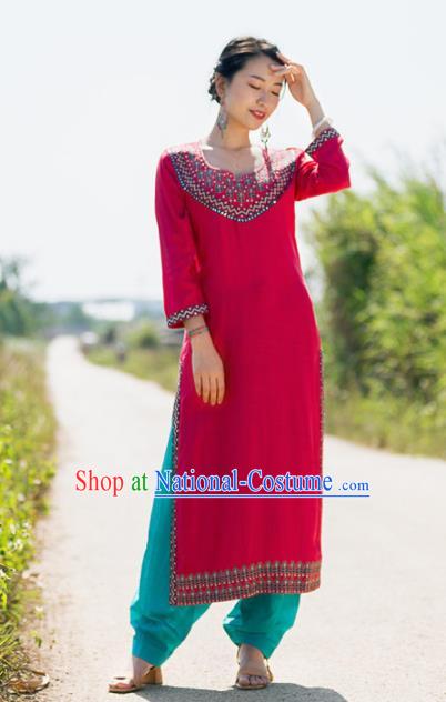 South Asian India Traditional Punjabi Costumes Asia Indian National Rosy Blouse and Pants for Women