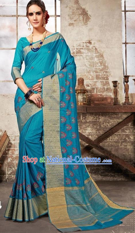 South Asian India Traditional Bollywood Blue Sari Dress Indian Court Wedding Bride Costume for Women