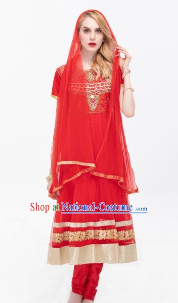 South Asian India Traditional Red Costumes Asia Indian National Punjabi Dress and Pants for Women